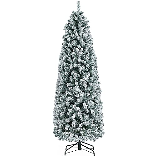 Yaheetech 6Ft Snow Flocked Fir Pencil Christmas Tree Slim Corner Hinged Artificial Xmas Tree with 814 Branch Tips and Metal Stand, Holiday Decoration for Home, Office, Party, White - Artificial Flower Arrangements Product: Yaheetech 6Ft Snow Flocked Fir Pencil Christmas Tree Slim Corner Hinged Artificial Xmas Tree with 814 Branch Tips and Metal Stand, Holiday Decoration for Home, Office, Party, White