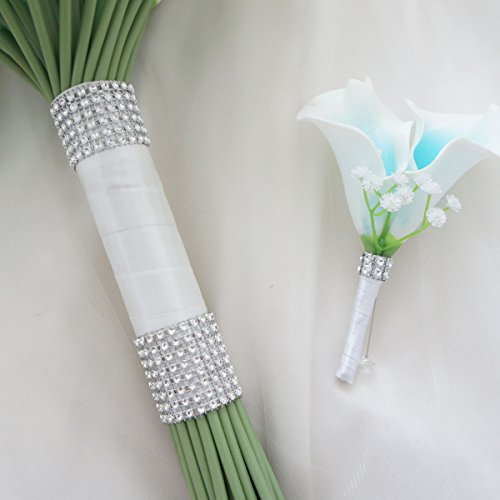 Silky Flower Store Calla Lily Bridal Wedding Bouquet Groom Boutonniere Turquoise Teal Aqua Picasso, White Ribbon Bling, 12in 4 4 Product: Lily Garden Luxury Calla Lily Bridal Wedding Bouquet 3 Dozen with Groom Boutonniere (Turquoise Picasso)