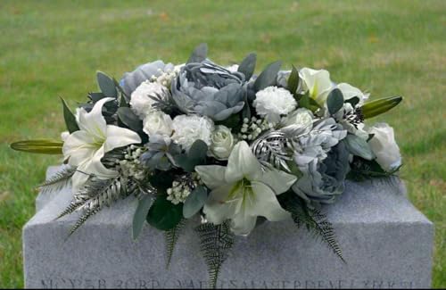 Silky Flower Store Artificial White Memorial Flowers Blue Christmas Casket Spray, Gravesite Tribute Floral Arrangement, UV Resistant 32.5cm 1 1 Product: Elegant Artificial White Memorial Flowers & Blue Christmas Casket Spray - Outdoor Funeral Decorations for Graves & Yards