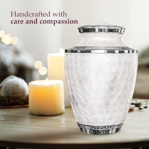 Silky Flower Store Memorial Cremation Urn for Human Ashes, Large Decorative Burial Urn, Opal White Silver Lining, 20.5cm 2 2 Product: Trupoint Memorials Cremation Urns for Human Ashes, Decorative Burial Urn for Adult Men and Women, Large Opal with Silver Lining
