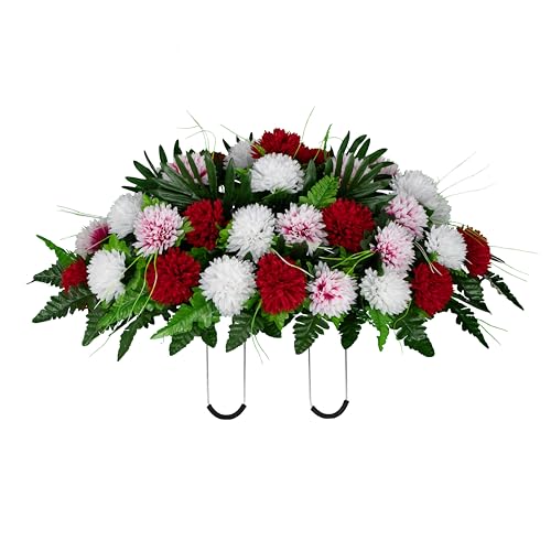 Sympathy Silks 30" Headstone Flower Saddle Artificial Cemetery Flowers - Gravesite Flowers - Red and White Mums - Artificial Flower Arrangements Product: Sympathy Silks 30" Headstone Flower Saddle Artificial Cemetery Flowers - Gravesite Flowers - Red and White Mums