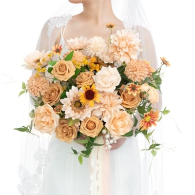 Product: Ling's Moment Sunflower Bridal Bouquet, Orange Wedding Bouquets for Bride, 15 Inch Silk Free Form Bridal Bouquets Artificial Wedding Flower Bouquet