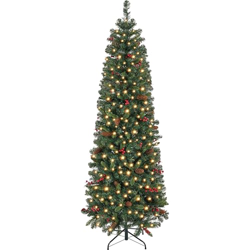 Yaheetech 7.5ft Pre-lit Pencil Spruce Christmas Tree, Artificial Slim Xmas Fir, Pre-Decorated for Home, Office, Party, Holiday Decor W/ 948 Tips, 350 Lights, Pine Cones, Metal Hinges & Base, Green - Artificial Flower Arrangements Product: Yaheetech 7.5ft Pre-lit Pencil Spruce Christmas Tree, Artificial Slim Xmas Fir, Pre-Decorated for Home, Office, Party, Holiday Decor W/ 948 Tips, 350 Lights, Pine Cones, Metal Hinges & Base, Green