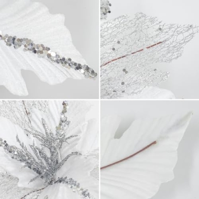 Silky Flower Store Christmas Poinsettia Artificial Flower Picks, White Velvet Glitter Floral Spray, Set of 6, 12in 8 8 Product: KI Store Large Christmas Poinsettia 6pcs Artificial Flower Picks Spray for Christmas Tree Decoration Wreath Garland (White)