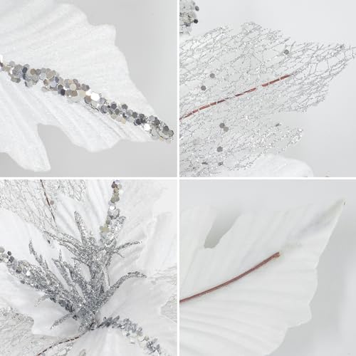 Silky Flower Store Christmas Poinsettia Artificial Flower Picks, White Velvet Glitter Floral Spray, Set of 6, 12in 3 3 Product: KI Store Large Christmas Poinsettia 6pcs Artificial Flower Picks Spray for Christmas Tree Decoration Wreath Garland (White)