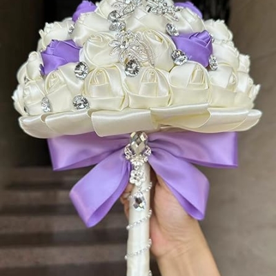 Product: Sharebeauty 9.4" Handmade Satin Rose Bridal Bouquet Toss Round Wedding Bouquet Throw Toss Artificial Flower Bunch Ivory + Bright Lavender