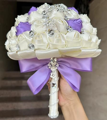 Product: Sharebeauty 9.4" Handmade Satin Rose Bridal Bouquet Toss Round Wedding Bouquet Throw Toss Artificial Flower Bunch Ivory + Bright Lavender
