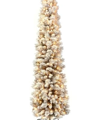 Product: Puleo International 6.5 Foot Pre-Lit Flocked Portland Pine Pencil Artificial Christmas Tree with 300 UL-Listed Clear Lights