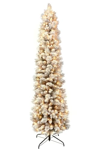 Puleo International 6.5 Foot Pre-Lit Flocked Portland Pine Pencil Artificial Christmas Tree with 300 UL-Listed Clear Lights - Artificial Flower Arrangements Product: Puleo International 6.5 Foot Pre-Lit Flocked Portland Pine Pencil Artificial Christmas Tree with 300 UL-Listed Clear Lights