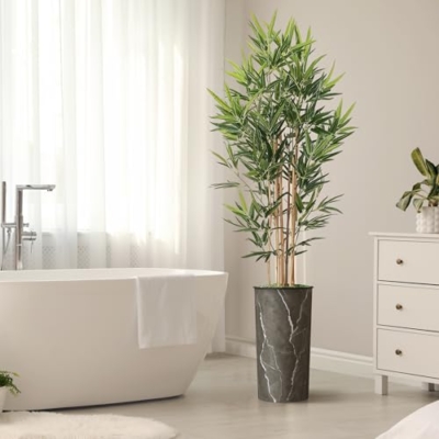 Product: Artificial Tree in Modern Granite Effect Planter, Fake Bamboo Silk TRE for Indoor and Outdoor Home Decoration - 70" Overall Tall (Plant Pot Plus Tree)
