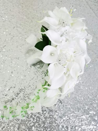 Product: IFFO Calla Lilies Simulation Rose Diamonds Pearl Bride Wedding Bouquet (White)