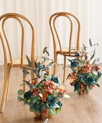 Silky Flower Store Tall Artificial Fall Wedding Aisle Flowers, Teal Burnt Orange Rose Centerpieces, 4pc Ceremony Reception Decor, 17.5in 13 13 Product: Ling's Moment 17.5" Tall Standing Artificial Flowers Arrangements 4pcs Fall Wedding Aisle Runner Chair Decorations Teal Burnt Orange Centerpieces Ceremony Reception Rose Floral Party Outdoor