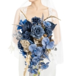 Product: Ling's Moment Navy Blue and Gold Bridal Bouquet Cascading, Manor Blue Wedding Bouquets for Bride, 15 Inch Artificial Wedding Flower Bouquet