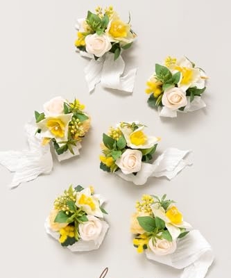 Product: Ling's Moment 6pcs Wedding Wrist Corsage Artificial Flowers, Girl/Mother Homecoming Prom Corsages Wristlet Décor, etc. Yellow Blush