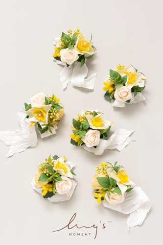 Product: Ling's Moment 6pcs Wedding Wrist Corsage Artificial Flowers, Girl/Mother Homecoming Prom Corsages Wristlet Décor, etc. Yellow Blush