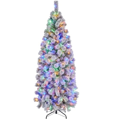 Product: Yaheetech 6ft Pre-lit Snow Flocked Christmas Tree, Premium Hinged Artificial Pine Tree w/ 250 Colorful LED Lights and 564 Branches Tips, Prelit Slim Pencil Christmas Tree w/Metal Stand White