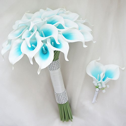 Silky Flower Store Calla Lily Bridal Wedding Bouquet Groom Boutonniere Turquoise Teal Aqua Picasso, White Ribbon Bling, 12in 2 2 Product: Lily Garden Luxury Calla Lily Bridal Wedding Bouquet 3 Dozen with Groom Boutonniere (Turquoise Picasso)