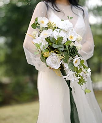 Silky Flower Store White Green Bridal Cascading Bouquet, Silk Artificial Wedding Flower Bouquet, 13 Inch 11 11 Product: Ling's Moment White Green Bridal Bouquet Cascading, Spring Wedding Bouquets for Bride, 13 Inch Silk Artificial Wedding Flower Bouquet