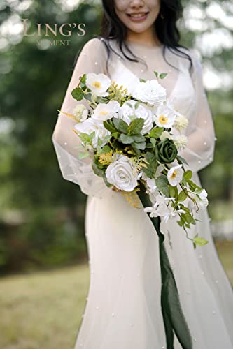 Silky Flower Store White Green Bridal Cascading Bouquet, Silk Artificial Wedding Flower Bouquet, 13 Inch 4 4 Product: Ling's Moment White Green Bridal Bouquet Cascading, Spring Wedding Bouquets for Bride, 13 Inch Silk Artificial Wedding Flower Bouquet