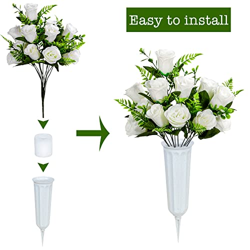 Product: Artificial Cemetery Flowers with Vase, Artificial Rose Bouquet Grave Memorial Flowers for Cemetery Headstones Decoration, Set of 2