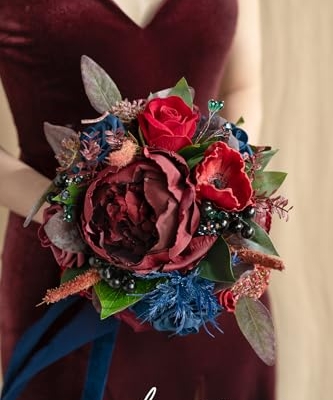 Product: Ling's Moment Burgundy Navy Bridal Bouquet for Bride, Jewel Tone Wedding Bouquets for Bride Maid of Honor Bridesmaid, 9 Inch Silk Round Artificial Wedding Flowers Bouquets