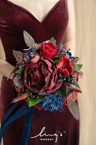 Product: Ling's Moment Burgundy Navy Bridal Bouquet for Bride, Jewel Tone Wedding Bouquets for Bride Maid of Honor Bridesmaid, 9 Inch Silk Round Artificial Wedding Flowers Bouquets