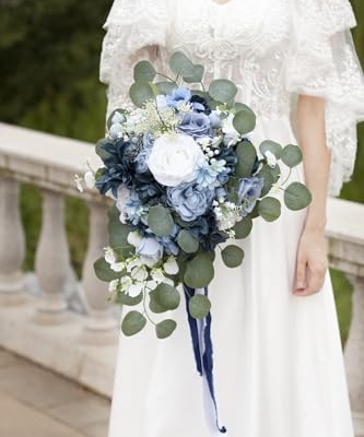 Silky Flower Store Dusty Blue Wedding Bouquet, White Navy Blue Artificial Roses Cascading Bridal Bouquet, Rustic Boho Vintage, 17x11in 9 9 Product: Yelinart 11 Inch Dusty Blue Wedding Bouquets for Bride White Navy Blue Artificial Roses Flower Cascading Bridal Bouquet for Rustic Boho Fall Vintage Wedding Ceremony Party and Anniversary