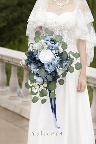 Silky Flower Store Dusty Blue Wedding Bouquet, White Navy Blue Artificial Roses Cascading Bridal Bouquet, Rustic Boho Vintage, 17x11in 3 3 Product: Yelinart 11 Inch Dusty Blue Wedding Bouquets for Bride White Navy Blue Artificial Roses Flower Cascading Bridal Bouquet for Rustic Boho Fall Vintage Wedding Ceremony Party and Anniversary
