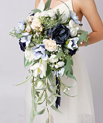 Silky Flower Store Navy Blue Bridal Bouquet, Cascading Wedding Bouquet, Faux Roses Eucalyptus, Wedding Decor, 12 Inch 8 8 Product: BENCENTRE 12 Inch Navy Blue Bridal Bouquet, Cascading Bouquet, Wedding Bouquet,for Wedding Ceremony Anniversary, Bridal Party and French Rustic Vintage Wedding, Artificial Flowers