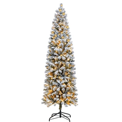 Product: 6FT Prelit Pencil Christmas Tree Artificial Snow Flocked Slim Skinny Christmas Trees with 250 LED Warm White Lights for Christmas Indoor Outdoor Decoration