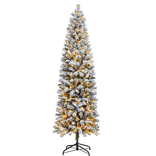 Product: 6FT Prelit Pencil Christmas Tree Artificial Snow Flocked Slim Skinny Christmas Trees with 250 LED Warm White Lights for Christmas Indoor Outdoor Decoration