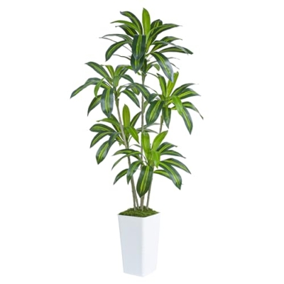 Product: Artificial Dracaena Tree Artificial Silk Tree Faux Tree Fake Tropical Yucca Floor Plant with White Tall Planter (1, White Tall Planter, 6FT)
