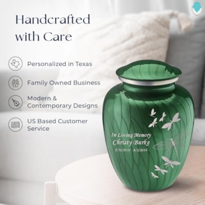 Silky Flower Store Personalized Dragonfly Cremation Urn for Human Ashes, Pearl Green Memorial Urn, Adult 200 cu in, 200 lbs 17 17 Product: Geturns Embrace Adult Personalized Dragonfly Cremation Urns for Human Ashes I Large Pearl Green Funeral Urn for Men and Women I 200 lbs