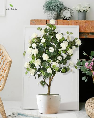 Product: Leflos 4.25ft Artificial Begonia Flower Tree, Faux Begonia Tree with 74 White Flowers, Fake Potted Blooming Floral Plant in White Pot Filled with Dry Moss for Home Indoor Decor