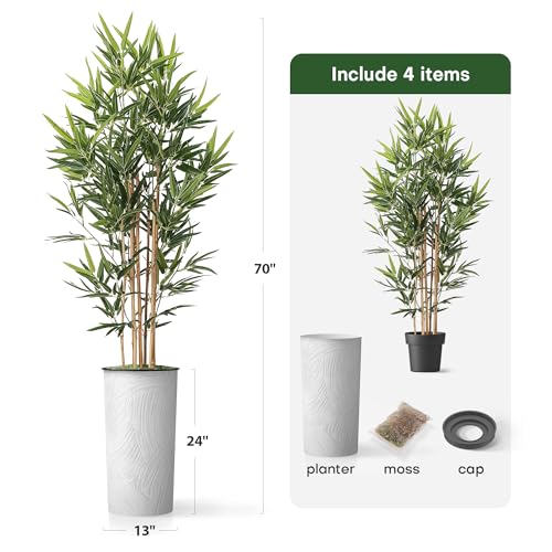 Product: Artificial Tree in White Marble Effect Planter, Fake Bamboo Silk Tree for Indoor and Outdoor Home Decoration - 70" Overall Tall (Plant Pot Plus Tree)