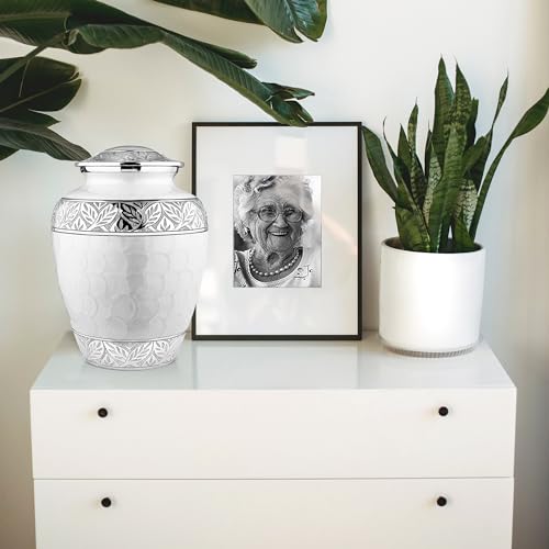 Silky Flower Store Trupoint Memorials Cremation Urn for Human Ashes, Large White Silver Lined Adult Memorial Urn, 9.5 x 7 inches 6 6 Product: Trupoint Memorials Cremation Urns for Human Ashes, Decorative Burial Urn for Adult Men and Women, Large White with Silver Lining