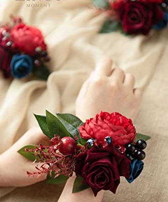 Product: Ling's Moment 6pcs Wedding Wrist Corsage Artificial Flowers, Girl/Mother Homecoming Prom Corsages Wristlet Décor, etc. Burgundy and Navy Blue