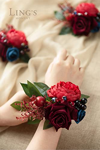 Product: Ling's Moment 6pcs Wedding Wrist Corsage Artificial Flowers, Girl/Mother Homecoming Prom Corsages Wristlet Décor, etc. Burgundy and Navy Blue