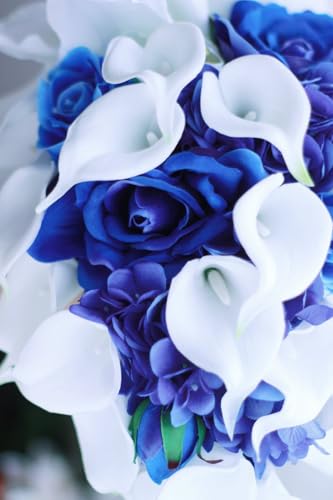 Silky Flower Store Royal Blue White Calla Lily Bridal Bouquet, Waterfall Water Drops Luxury Wedding Bouquet, Handmade Faux Floral Decor 32.5cm 3 3 Product: IFFO Royal Blue Bouquet, Bridal Bouquets for Wedding,White Calla Lily Bridal Bouquet, Water Drops Waterfall Shape, Luxury Jewelry Bouquet Romantic Wedding (No Jewelry)