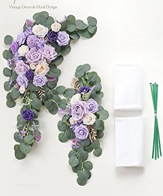 Silky Flower Store Artificial Lilac Lavender Purple Floral Swag Kit, Wedding Ceremony Arbor Drapes Backdrop, Pack of 4, 32.5cm 9 9 Product: Floroom Arch Flowers with Drapes Kit (Pack of 4) - 2pcs Artificial Lilac Lavender Purple Floral Swag Arrangement with 2pcs Draping Fabric for Wedding Ceremony Arbor and Reception Backdrop Decoration