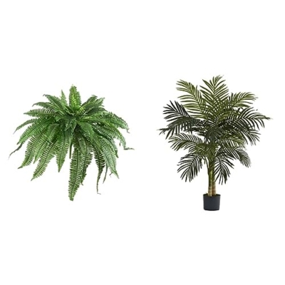 Product: Nearly Natural Potted or Hanging Artificial Boston Fern | Fake Plant, Green, 48 Inch, Set of 2 & 5357 4ft. Golden Cane Palm Tree,Green