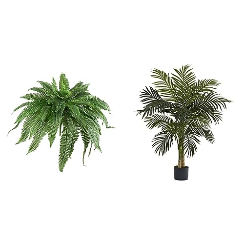 Product: Nearly Natural Potted or Hanging Artificial Boston Fern | Fake Plant, Green, 48 Inch, Set of 2 & 5357 4ft. Golden Cane Palm Tree,Green