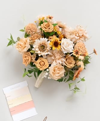 Silky Flower Store Sunflower Bridal Bouquet, Orange Wedding Bouquet for Bride, Silk Free Form Wedding Flowers, 15 Inch 16 16 Product: Ling's Moment Sunflower Bridal Bouquet, Orange Wedding Bouquets for Bride, 15 Inch Silk Free Form Bridal Bouquets Artificial Wedding Flower Bouquet