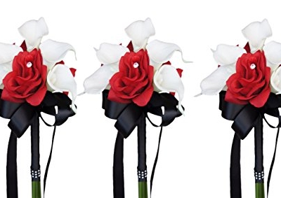 Product: Set of 3 Wedding Bouquets : Flower Girl Toss Apple Red Rose Calla Lily Wedding Flowers