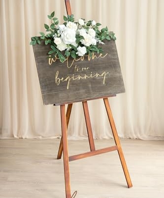 Silky Flower Store Artificial Wedding Floral Swag, White Faux Flower Garland, Welcome Sign Decor, 24x10in 9 9 Product: Ling's Moment 2pcs White Wedding Artificial Floral Swag Welcome Sign Flowers Backdrop Garland Green for Ceremony Reception Door Wall Easel Home Decoration Entryway Faux Outdoor Board Table Decor