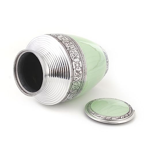 Product: Handcrafted Metal Alloy Cremation Urn for Human Ashes - Large, Engraved, Decorative Funeral Memorial Urn with Secure Screw-On Lid Hold Remains up to 200 lbs 10.5" (Green Silver) - ALPHA Living HOME