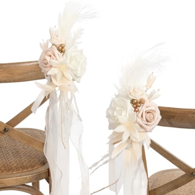 Product: Ling's Moment 8pcs Wedding Artificial Aisle Pew Flowers Chair Decorations Arrangements with Chiffon Ribbons Boho White Beige for Ceremony Chair Back Floral Decor Reception Church Party Outdoor