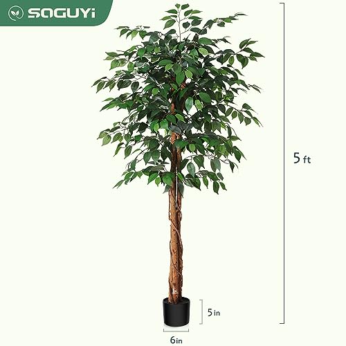 Product: SOGUYI 5ft Artificial Ficus Tree with Natural Wood Trunk, Silk Fake Ficus Tree in Plastic Nursery Pot, Faux Plant for Office Home, Indoor Outdoor Decor, 1 Pack
