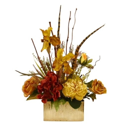 Product: Elegant DIY Artificial Flower Centerpiece: Fast Sleep Real Touch Iris & Rose in Gold Vase for Modern Wedding Arrangements