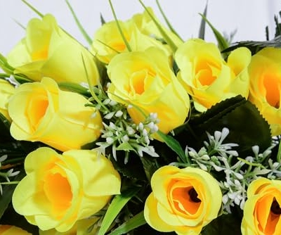 Product: Set of 2 Artificial Grave Memorial Flowers Cemetery Flowers Rose Bouquet with Vase for Cemetery Graveyard Headstones Decoration (Yellow-24H)